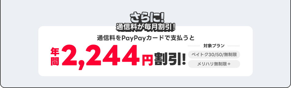 さらに!通信料もPayPayカードで支払うと年間2,244円割引! 対象プランペイトク30/50/無制限 メリハリ無制限+